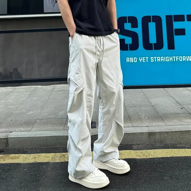洞洞拐 工装裤灰色褶皱直筒拼接设计速干美式休闲裤 男女同款