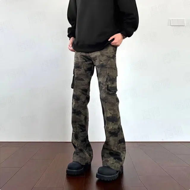 洞洞拐 美式高街复古机能拼接多口袋设计感痞帅炸街窄版显瘦水洗工装牛仔裤 男女同款