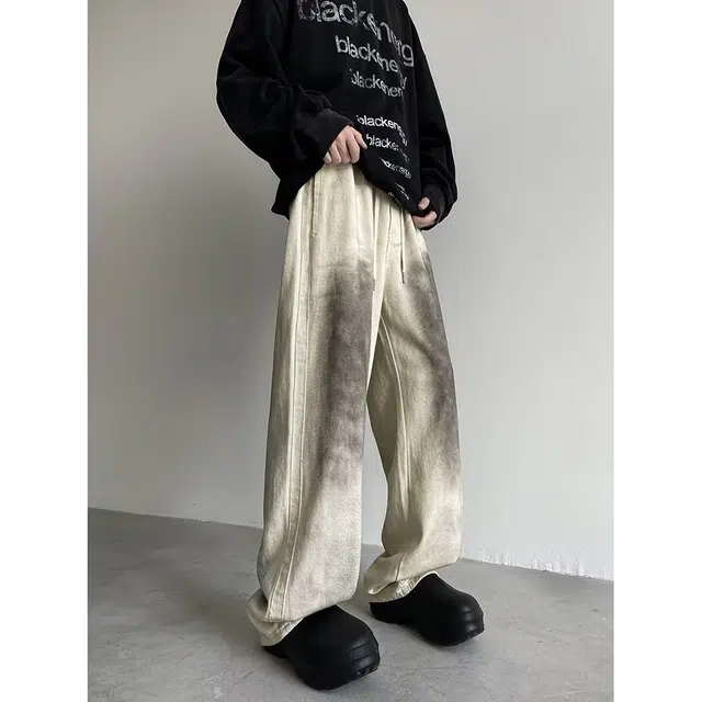 洞洞拐 韩版时髦高街不规则做旧脏脏水洗牛仔高级感阔腿裤休闲裤 男女同款