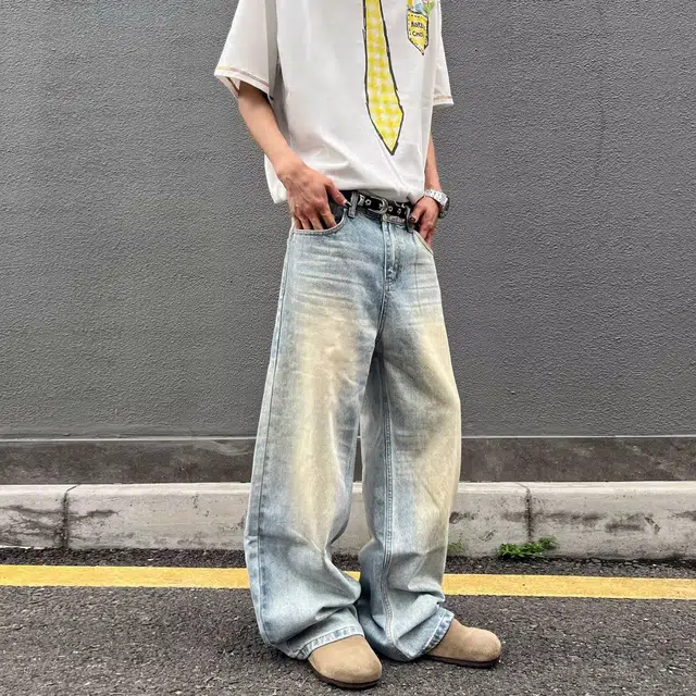 洞洞拐 美式复古水洗染直筒文艺潮流时尚简约百搭牛仔裤 男女同款