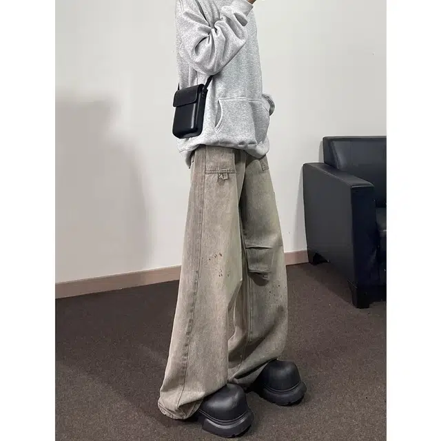 洞洞拐 水洗泼墨裤美式复古宽松休闲褶皱做旧水墨痞帅阔腿直筒裤牛仔裤 男女同款