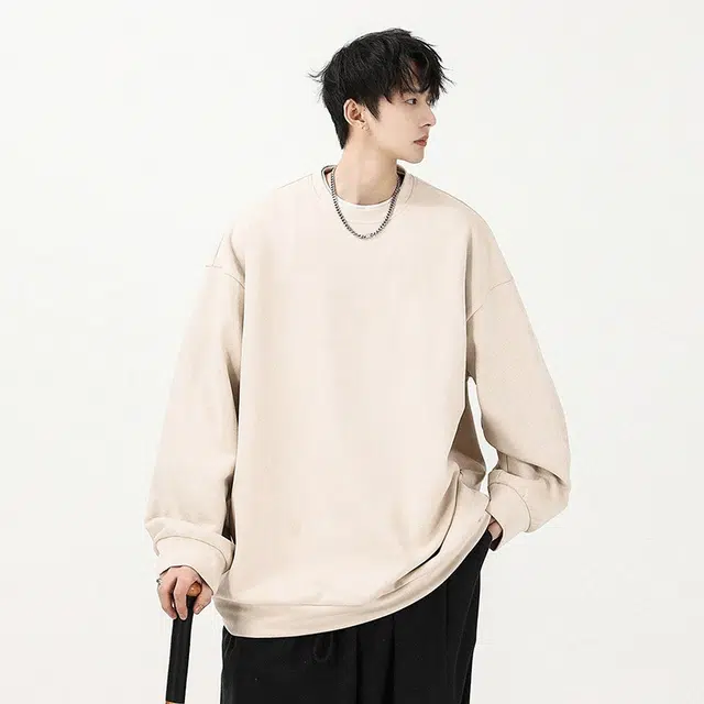 洞洞拐 麂皮绒重磅宽松大码内搭上衣服男生圆领长袖打底衫卫衣 男女同款