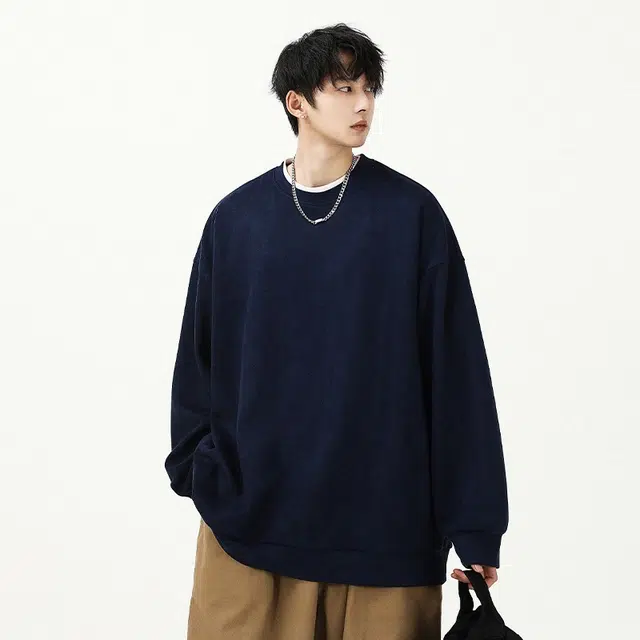 洞洞拐 麂皮绒重磅宽松大码内搭上衣服男生圆领长袖打底衫卫衣 男女同款