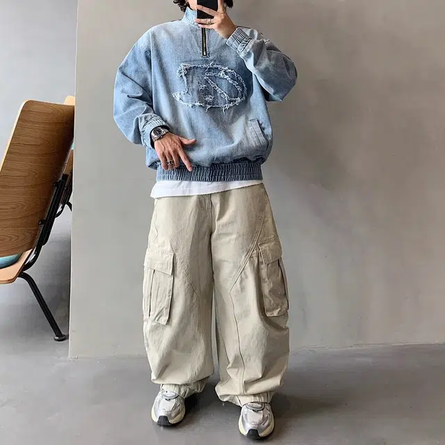 洞洞拐 美式复古水洗扎染贴布做旧宽松时尚落肩半拉链套头夹克牛仔外套 男女同款