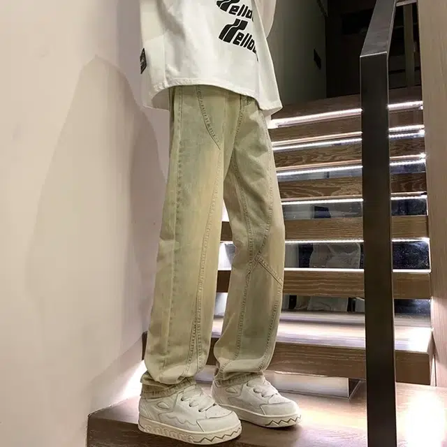 洞洞拐 美式高街水洗做旧时尚风拼接直筒高腰复古百搭潮流黄泥染阔腿裤牛仔裤 男女同款