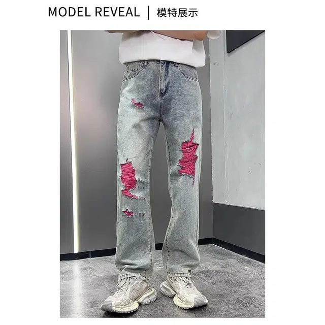洞洞拐 美式高街复古做旧破洞阔腿宽松直筒垂感痞帅个性长裤子牛仔裤 男女同款