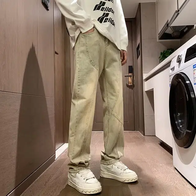 洞洞拐 美式高街水洗做旧时尚风拼接直筒高腰复古百搭潮流黄泥染阔腿裤牛仔裤 男女同款