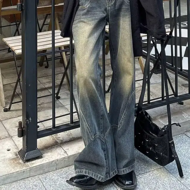 洞洞拐 美式复古水洗微喇直筒宽松阔腿裤小众设计感解构裤牛仔裤 男女同款