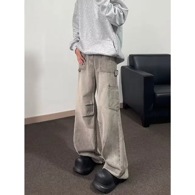 洞洞拐 水洗泼墨裤美式复古宽松休闲褶皱做旧水墨痞帅阔腿直筒裤牛仔裤 男女同款