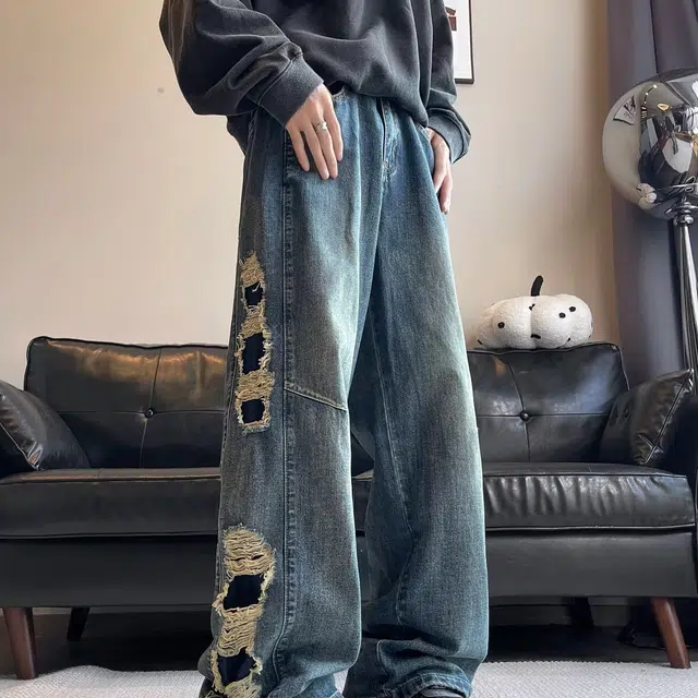 洞洞拐 美式复古水洗设计侧边大破洞阔腿帅痞显瘦仿旧感十足潮流百搭牛仔裤 男女同款