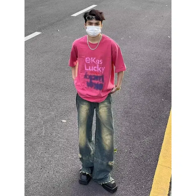 洞洞拐 水洗做旧潮美式复古直筒阔腿休闲裤子工装裤牛仔裤 男女同款