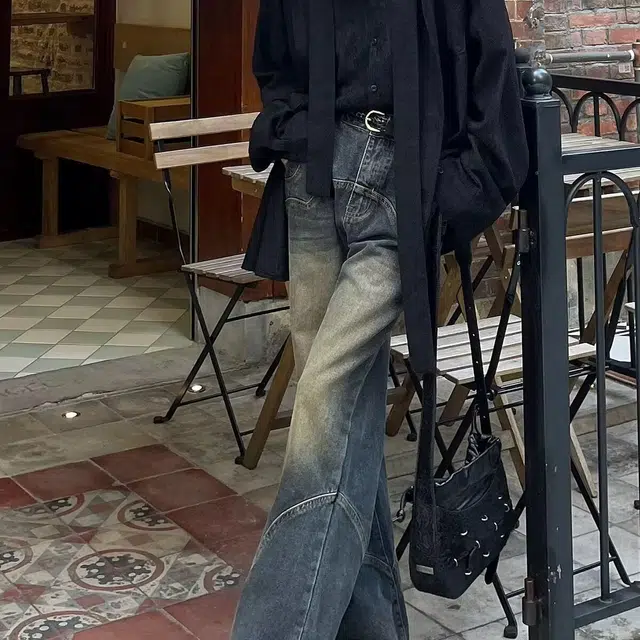 洞洞拐 美式复古水洗微喇直筒宽松阔腿裤小众设计感解构裤牛仔裤 男女同款