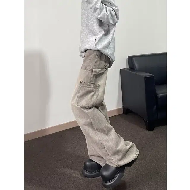 洞洞拐 水洗泼墨裤美式复古宽松休闲褶皱做旧水墨痞帅阔腿直筒裤牛仔裤 男女同款