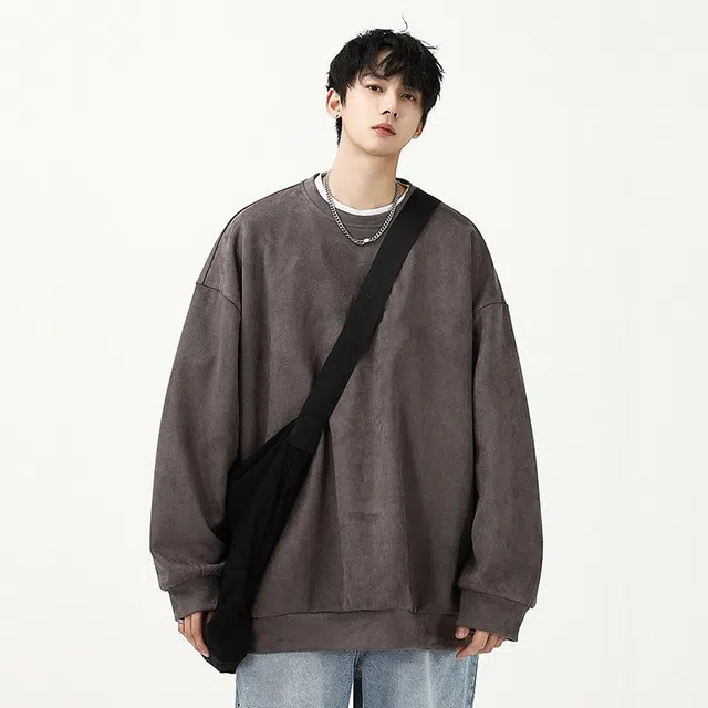 洞洞拐 麂皮绒重磅宽松大码内搭上衣服男生圆领长袖打底衫卫衣 男女同款