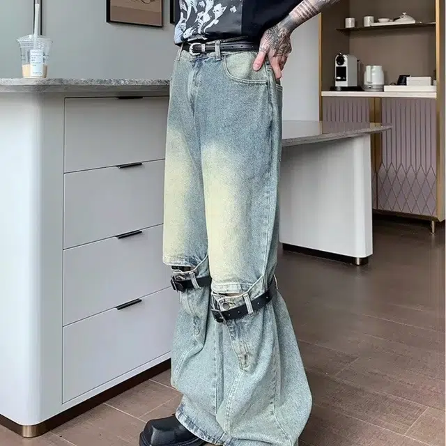 洞洞拐 小众复古做旧微喇高腰立体拼接设计休闲裤百搭长裤牛仔裤 男女同款