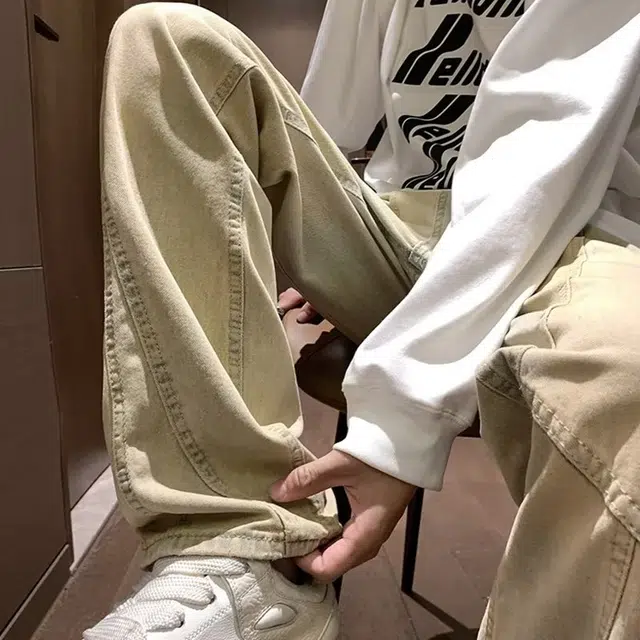 洞洞拐 美式高街水洗做旧时尚风拼接直筒高腰复古百搭潮流黄泥染阔腿裤牛仔裤 男女同款