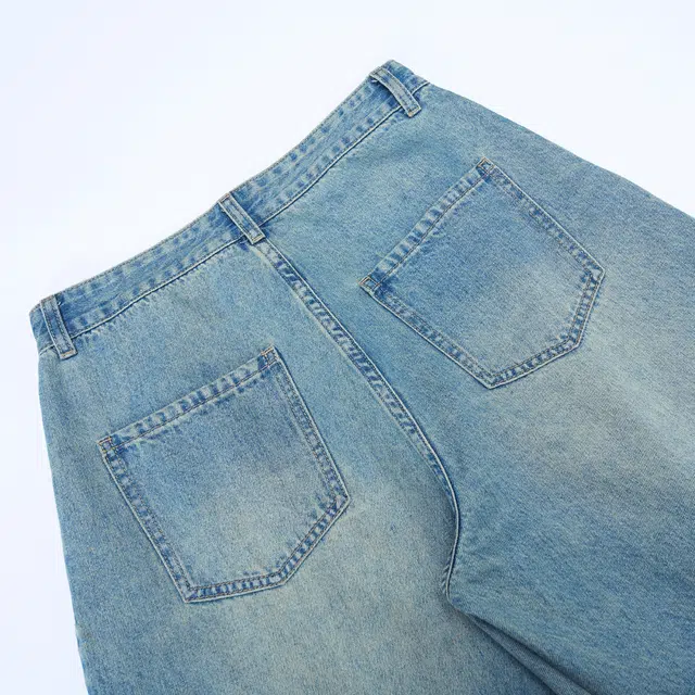 下层基础 日系韩版复古蓝弯刀弧形褶皱直筒阔腿长裤子牛仔裤 男女同款