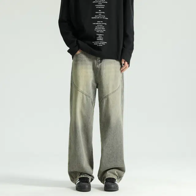 下层基础 美式柔感不硬舒适亚比风复古高街通勤做旧水洗中腰废土风宽松弹力百搭裤垂感分割直筒牛仔裤  男女同款