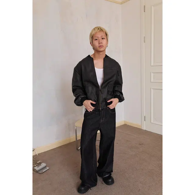 下层基础 重工水洗做旧宽松短款皮衣 男女同款