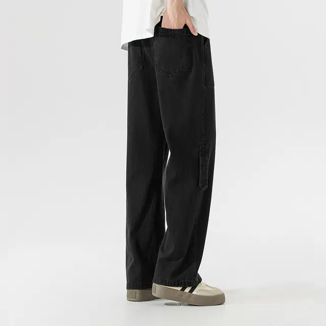 下层基础 基础简约拼接解构设计感抽绳织带宽松阔腿长裤美式高街复古经典百搭垂感水洗牛仔裤 男女同款