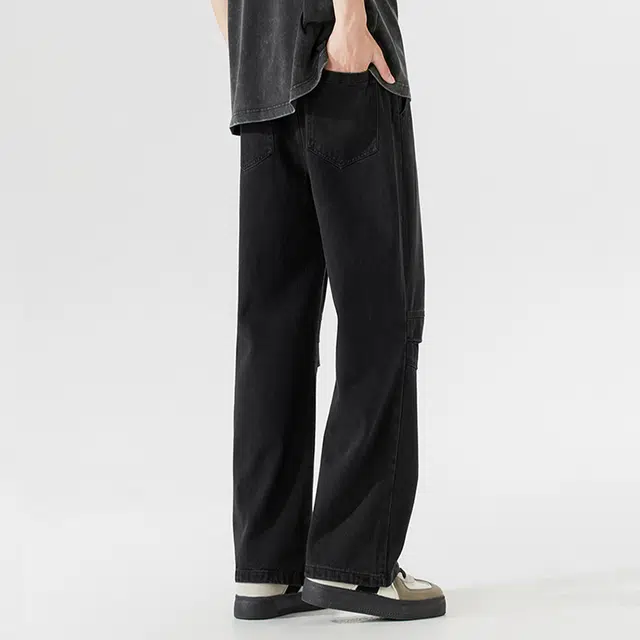 下层基础 美式潮牌拼接设计感水洗怀旧嘻哈高街百搭基础款舒适中腰宽松直筒系带休闲牛仔裤 男女同款