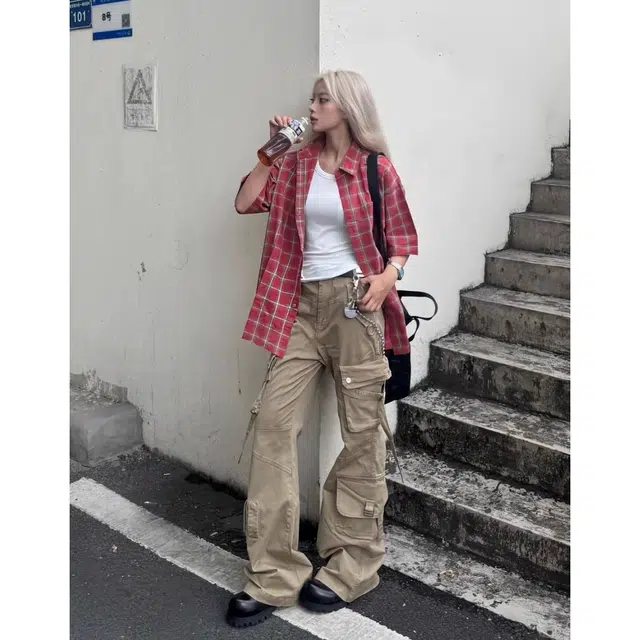 下层基础 复古做旧毛边水洗格子短袖衬衫 男女同款