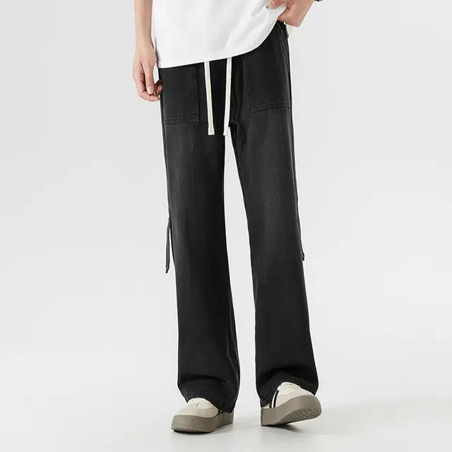 下层基础 基础简约拼接解构设计感抽绳织带宽松阔腿长裤美式高街复古经典百搭垂感水洗牛仔裤 男女同款