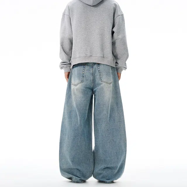 下层基础 美式复古高街拖地慵懒宽松直筒阔腿长裤子牛仔裤 男女同款