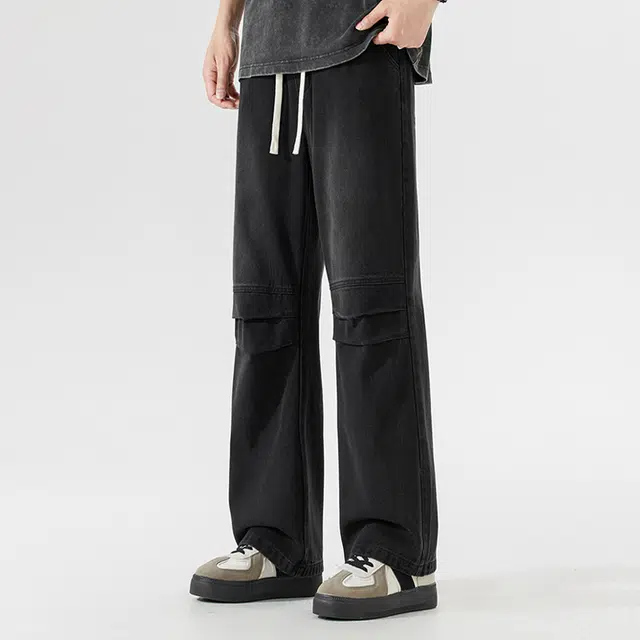 下层基础 美式潮牌拼接设计感水洗怀旧嘻哈高街百搭基础款舒适中腰宽松直筒系带休闲牛仔裤 男女同款