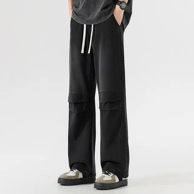 下层基础 美式潮牌拼接设计感水洗怀旧嘻哈高街百搭基础款舒适中腰宽松直筒系带休闲牛仔裤 男女同款