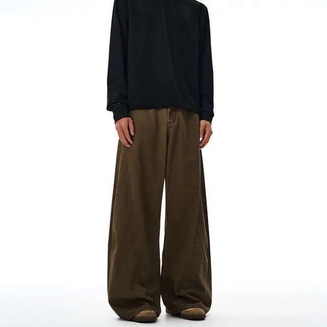 下层基础 美式复古轻工业松弛感垂廓形阔腿两色宽松做旧弯刀休闲裤 男女同款
