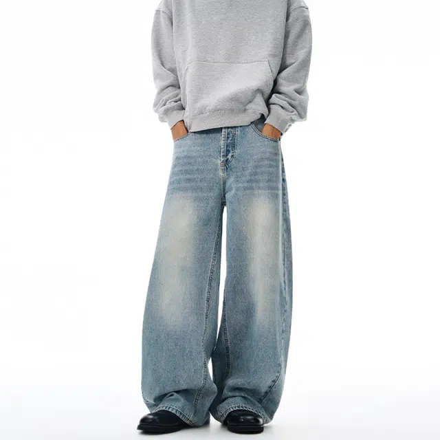 下层基础 美式复古高街拖地慵懒宽松直筒阔腿长裤子牛仔裤 男女同款