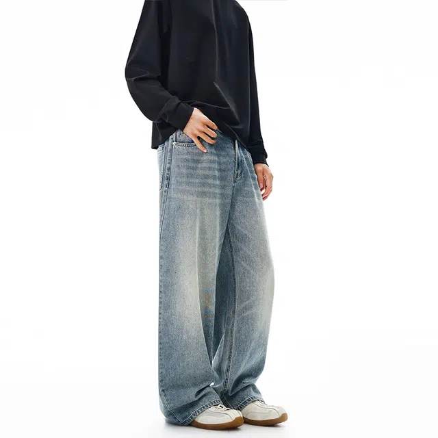 下层基础 美式多色弧形弯刀直筒阔腿百搭基础长裤子牛仔裤 男女同款