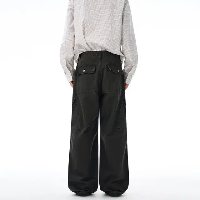 下层基础 石磨复古水洗多口袋休闲裤男直筒宽松阔腿伞兵工装裤 男女同款