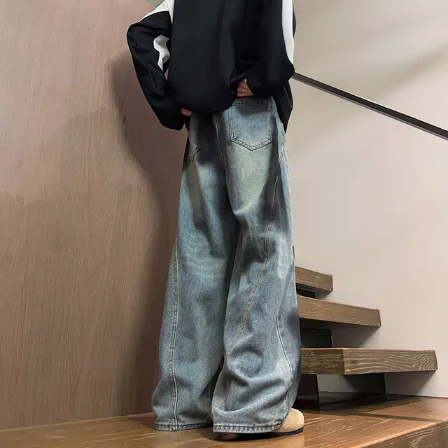 下层基础 显瘦分割水洗复古做旧潮流宽松牛仔裤 男女同款