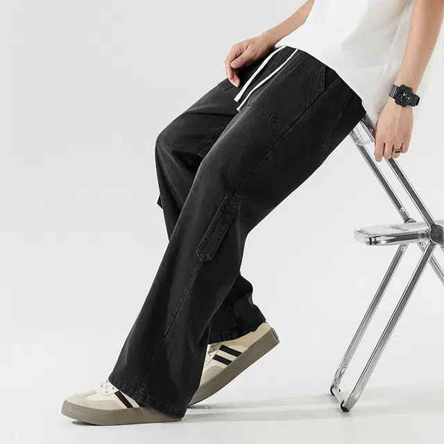 下层基础 基础简约拼接解构设计感抽绳织带宽松阔腿长裤美式高街复古经典百搭垂感水洗牛仔裤 男女同款