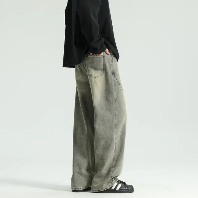 下层基础 美式柔感不硬舒适亚比风复古高街通勤做旧水洗中腰废土风宽松弹力百搭裤垂感分割直筒牛仔裤  男女同款