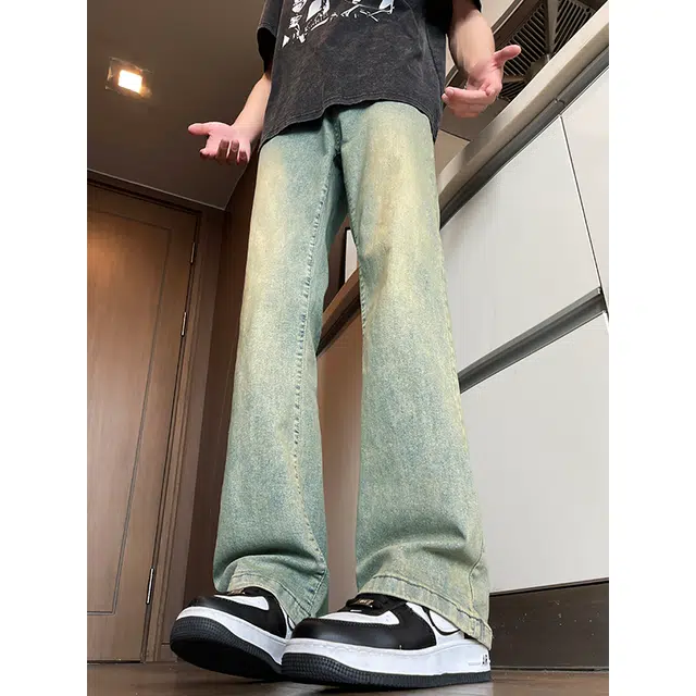 下层基础 微喇弹力显高显瘦水洗做旧长裤百搭舒适直筒牛仔裤 男女同款