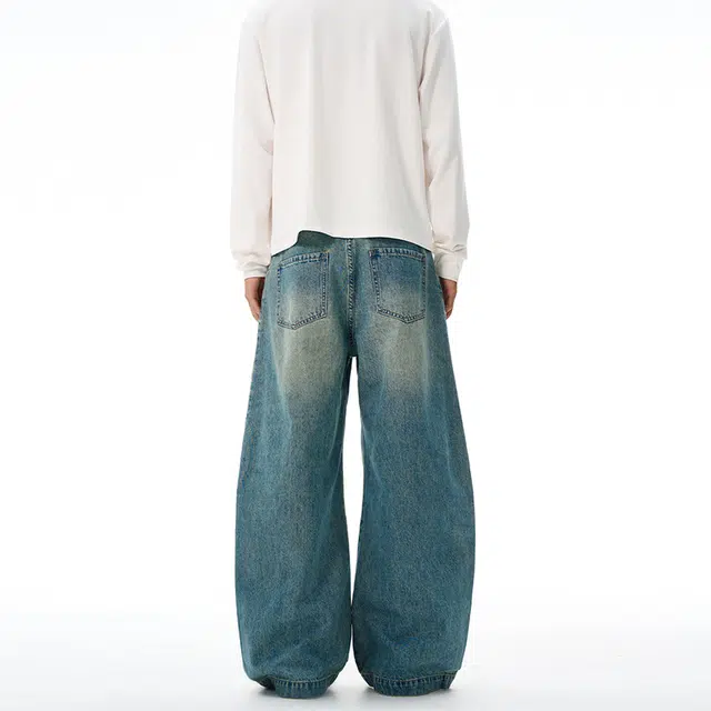 下层基础 日系韩版复古蓝弯刀弧形褶皱直筒阔腿长裤子牛仔裤 男女同款