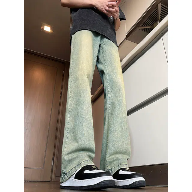 下层基础 微喇弹力显高显瘦水洗做旧长裤百搭舒适直筒牛仔裤 男女同款