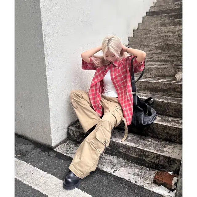 下层基础 复古做旧毛边水洗格子短袖衬衫 男女同款