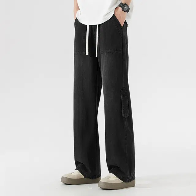下层基础 基础简约拼接解构设计感抽绳织带宽松阔腿长裤美式高街复古经典百搭垂感水洗牛仔裤 男女同款