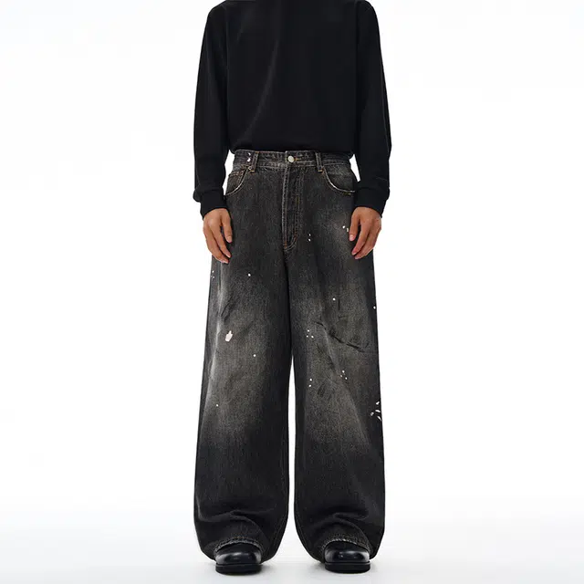 下层基础 宽松直筒阔腿脏染泼墨潮牌牛仔裤 男女同款