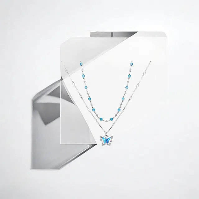 清脆小溪 夏日双层海蓝蝴蝶 轻奢时尚森系清新甜美高颜值浪漫小众设计精致时髦气质百搭#好运 合金 项链 女款
