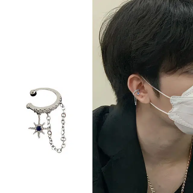 清脆小溪 双层链条克莱因蓝耳饰 小众独特设计 超酷街头风 水滴米字锆石嘻哈感 酷炫百搭 合金 耳夹 男款