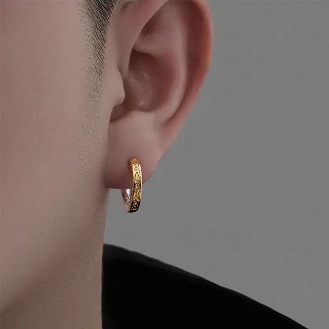 清脆小溪 复古唐草纹理耳圈金银撞色嘻哈朋克潮流个性痞帅小众设计简约高级气质百搭 合金 耳环 男款