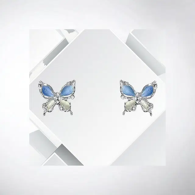 清脆小溪 蓝色梦幻蝴蝶轻奢高级设计感森系小清新温柔优雅百搭#好运 合金 耳钉 女款