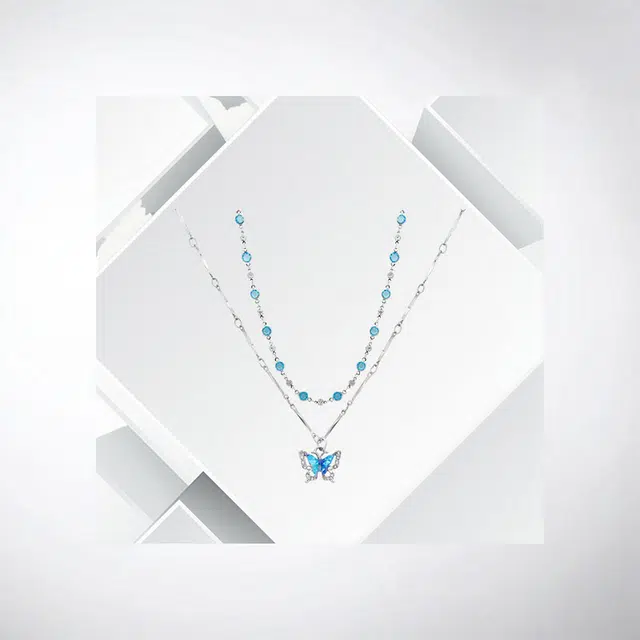 清脆小溪 夏日双层海蓝蝴蝶 轻奢时尚森系清新甜美高颜值浪漫小众设计精致时髦气质百搭#好运 合金 项链 女款