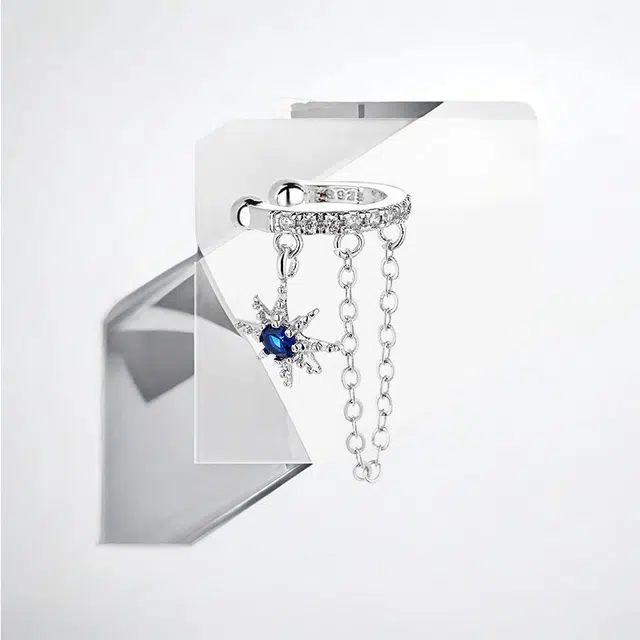 清脆小溪 双层链条克莱因蓝耳饰 小众独特设计 超酷街头风 水滴米字锆石嘻哈感 酷炫百搭 合金 耳夹 男款