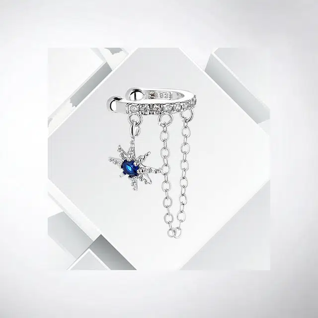 清脆小溪 双层链条克莱因蓝耳饰 小众独特设计 超酷街头风 水滴米字锆石嘻哈感 酷炫百搭 合金 耳夹 男款